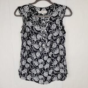 Ann Taylor Loft black and white floral ruffled sleeveless blouse women's size XS
